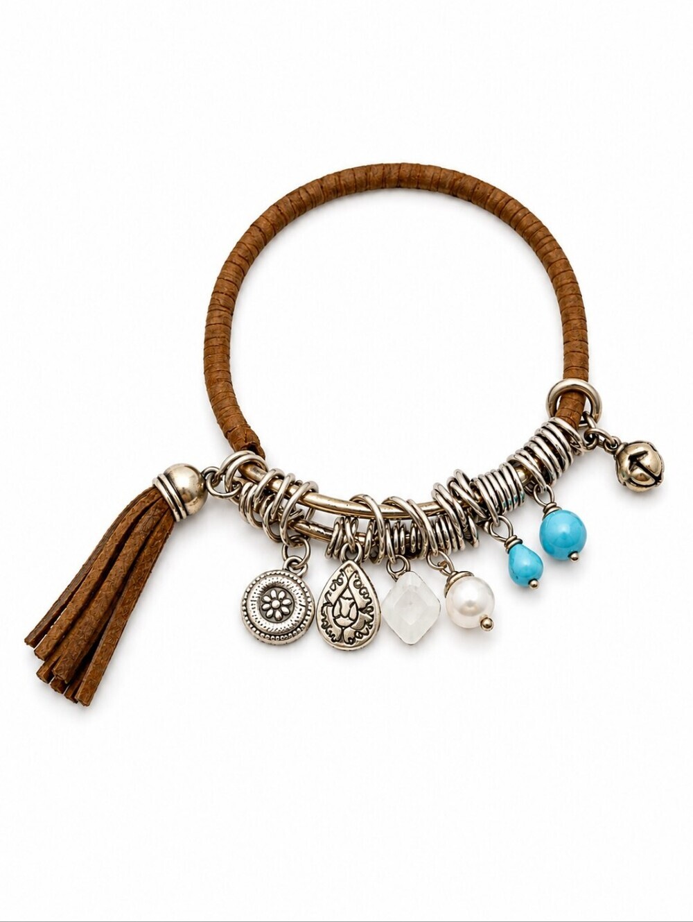 Brown Leather Wrapped Charm Bangle Western Cowgirl Bracelet